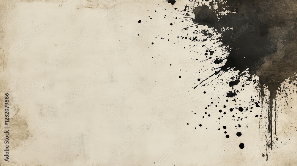 Poster abstract image of black ink splatter on a beige textured background. the ink is concentrated on the 