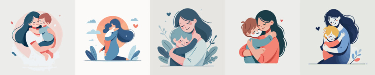 vector set of a child hugging his mother