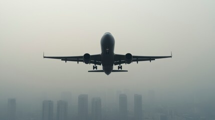 Airplane Flying Over Thick Fog with City Skyline Below
