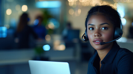 This image showcases a professional woman in a call center, working with a headset. She is focused and smiling, representing excellent customer service and communication skills.