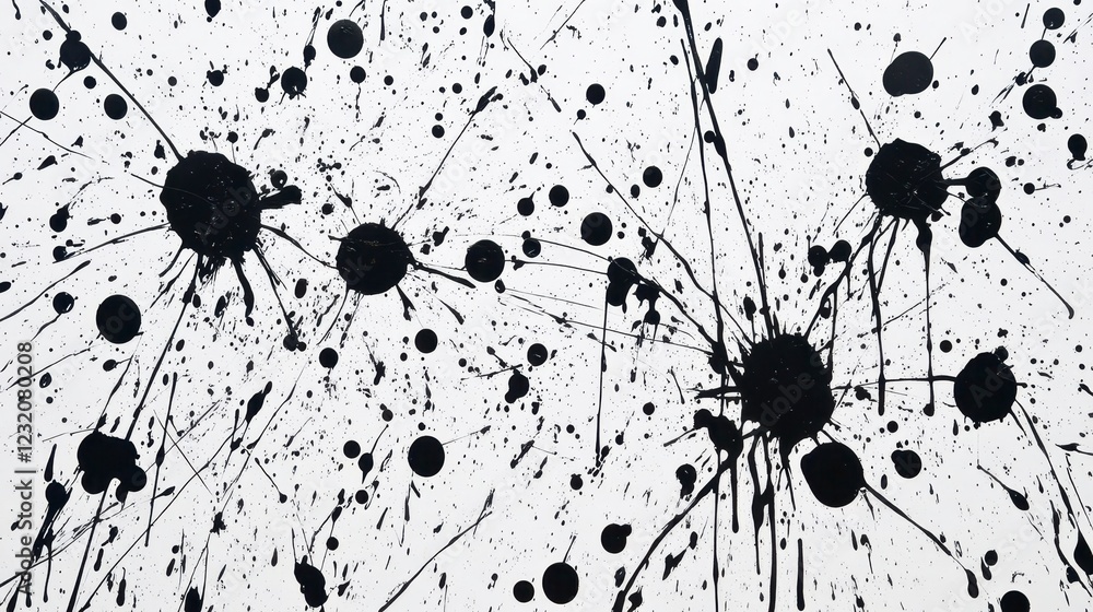 Poster abstract black ink splatters on a white background. high contrast monochrome image with various size