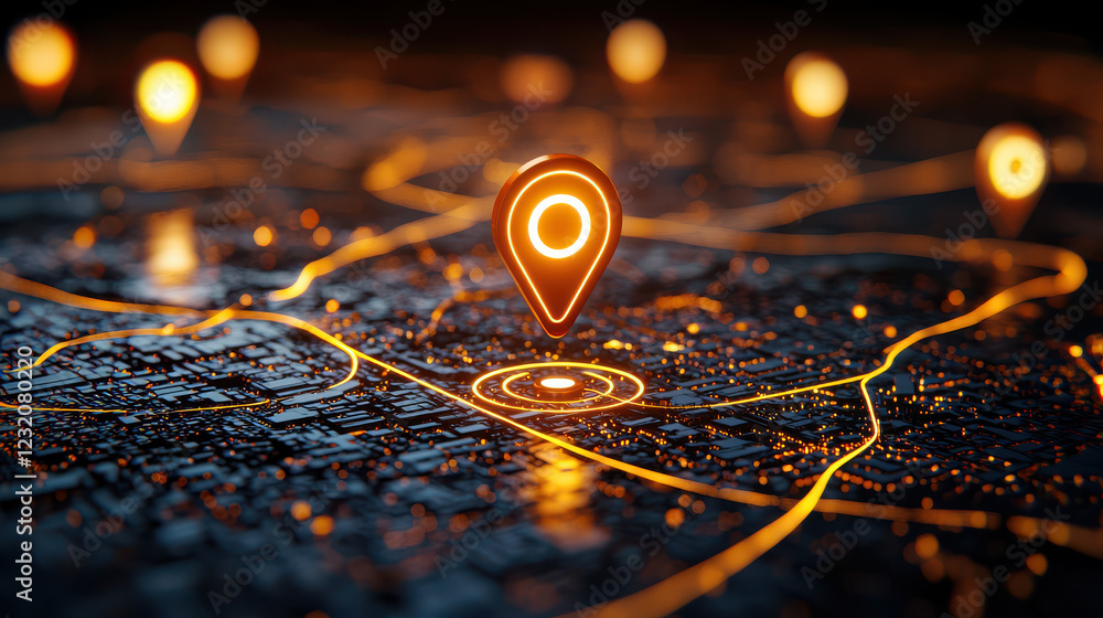 Poster digital map with glowing location markers and traffic updates