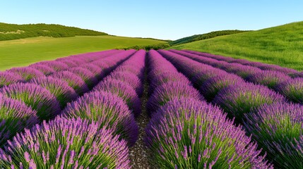Obraz premium Tranquil Lavender Fields Under a Bright Summer Sky A Serene Countryside Landscape