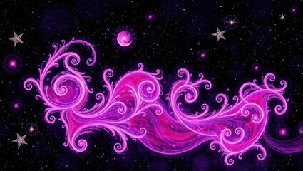 Whimsical cosmic patterns dance under a starry night sky filled with vibrant pink swirls and shimmering stars