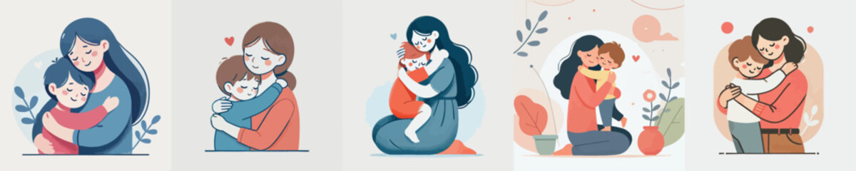 vector set of a child hugging his mother