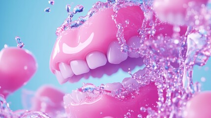 Pink dentures submerged in splashing water.