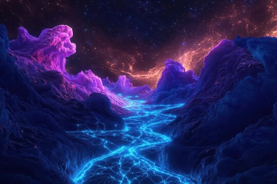 ethereal digital landscape of interconnected light paths forming a neural network, glowing in neon blues and purples against a deep space background