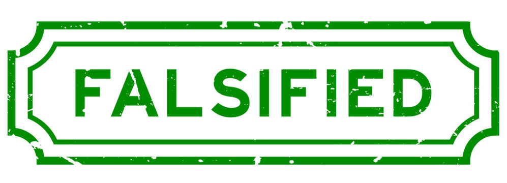 Grunge green falsified word square rubber stamp on white background