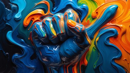Naklejka premium Dynamic confrontation abstract oil painting of a raised fist