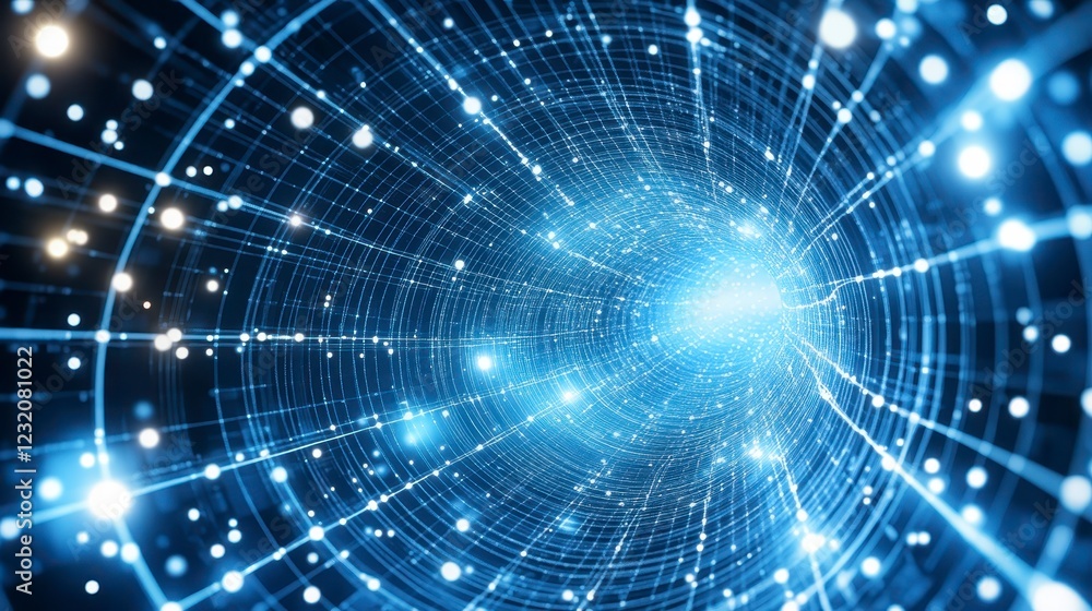 Poster abstract digital tunnel with glowing blue particles and lines. futuristic technology, network connec