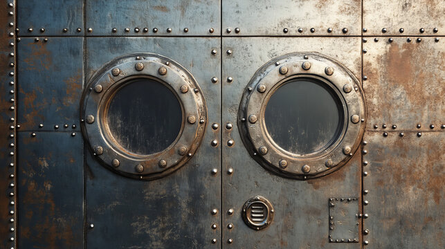 Metal door on wall with portholes and rivets, submarine or bunker close entrance. Ship or secret laboratory steel bulletproof doorway with illuminator and rotary valve lock wheel realistic 3d vector