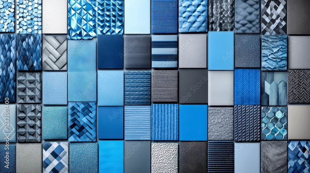 Poster Abstract background of various shades of blue textures in a grid pattern. Diverse blue tones and patterns create a visually interesting and complex