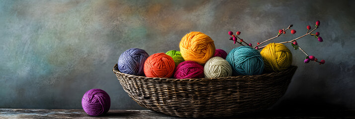 Colorful Yarn Balls in Woven Basket