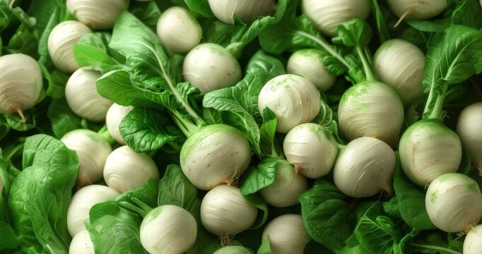 fresh white turnips close-up green leaves vibrant background organic natural healthy vegetable