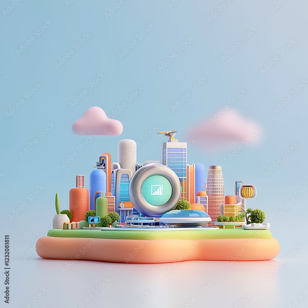 Poster stylized 3d render of a futuristic cityscape with data monitoring icon
