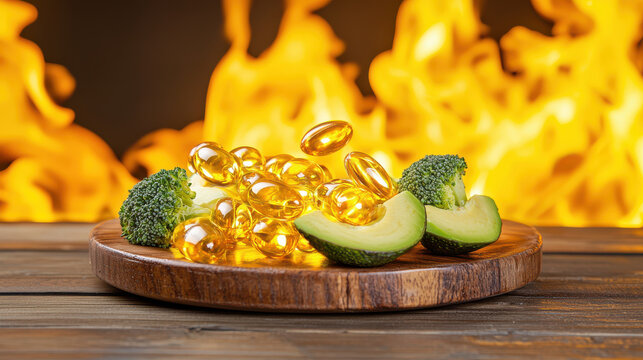 Healthy fish oil softgels with broccoli and avocado on wooden plate, surrounded by flames