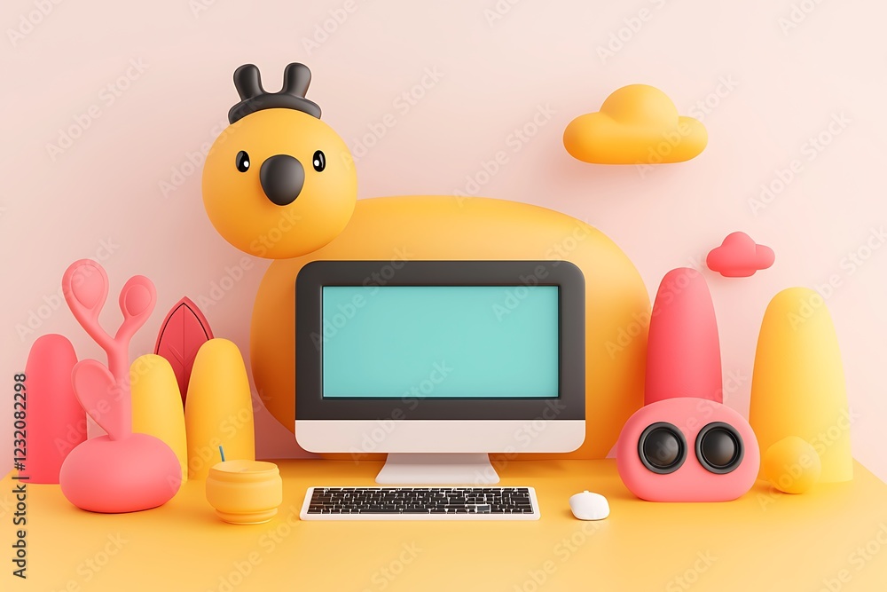 Aufkleber cartoon desktop computer setup with cute bird and abstract shapes