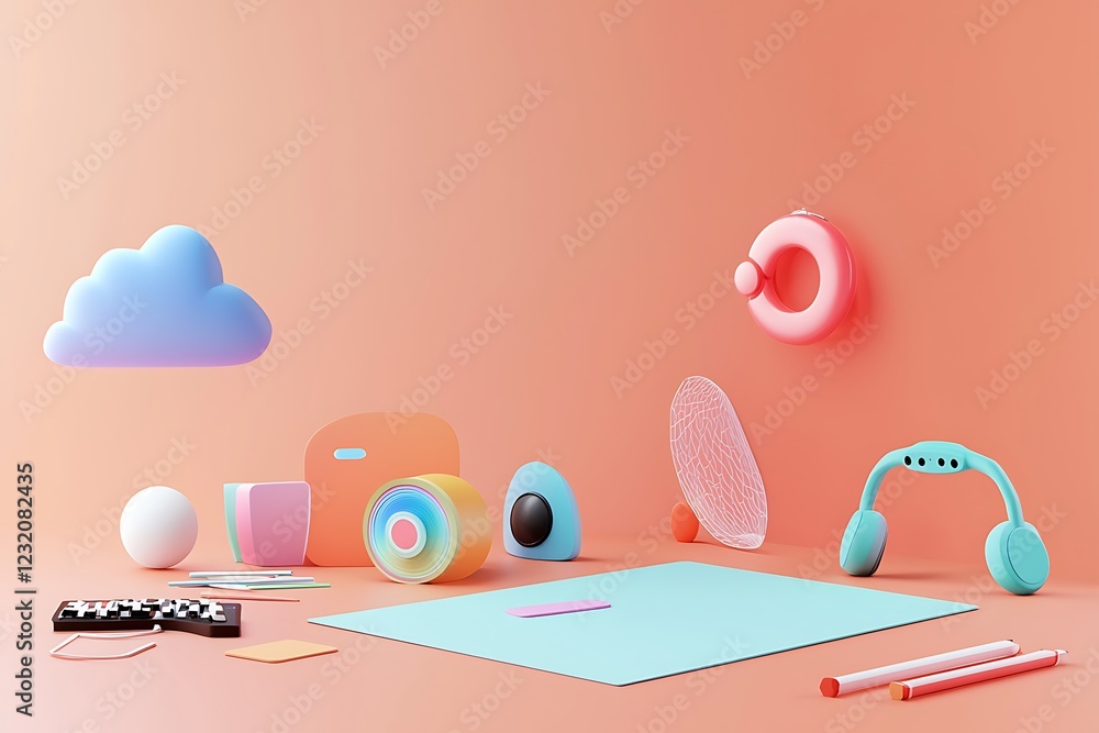 Poster pastel-colored 3d render of assorted objects on a peach background