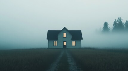 Foggy field with a house.