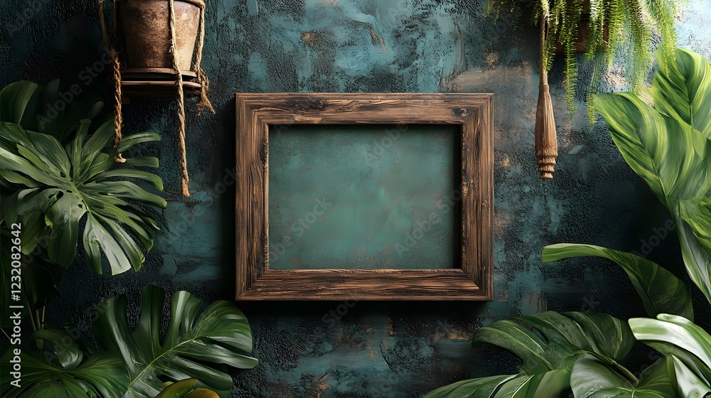 Aufkleber Rustic wooden frame in a backdrop of lush tropical foliage and greenery  This natural organic setting provides a serene and creative environment for product display mockups presentations