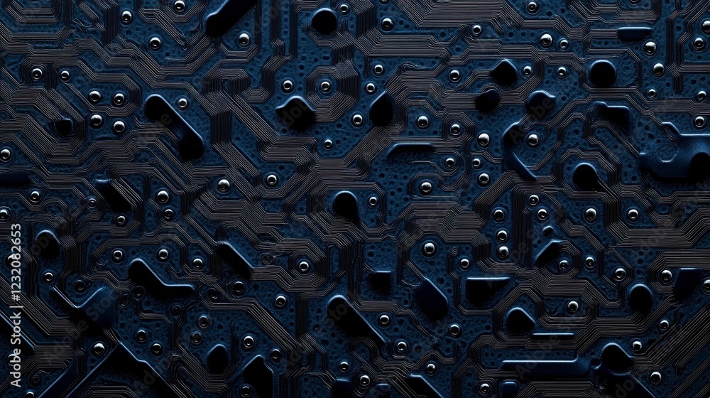 Poster abstract dark blue and black textured background with intricate circuit like patterns, resembling a 
