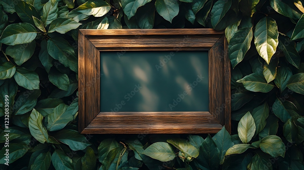 Poster rustic wooden frame surrounded by a lush verdant display of leaves and foliage in a natural peaceful