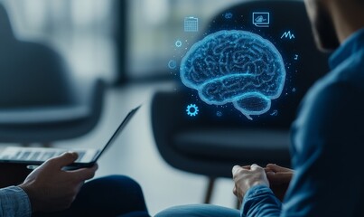 Two experts engage in a deep discussion about AI, using a digital brain interface to illustrate their ideas