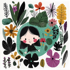 A cheerful little girl enjoys swimming in a lake surrounded by lush plants and flowers. This playful cartoon illustration captures her fun, carefree summertime adventure in nature