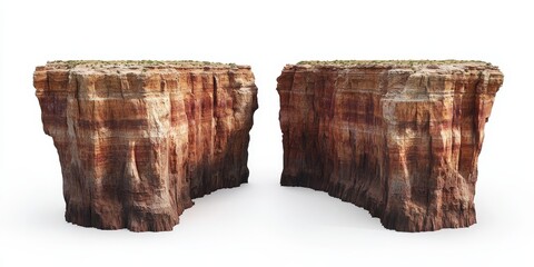 Two separated rocky cliffs isolated on white background.