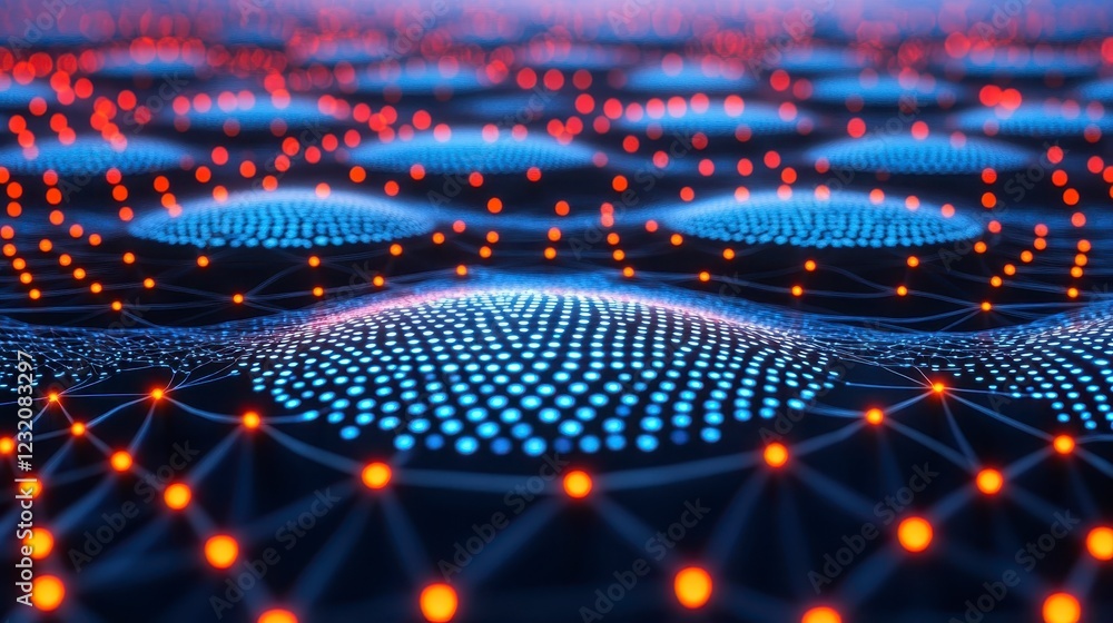 Poster abstract digital network background with glowing blue and red nodes connected by lines on a dark sur
