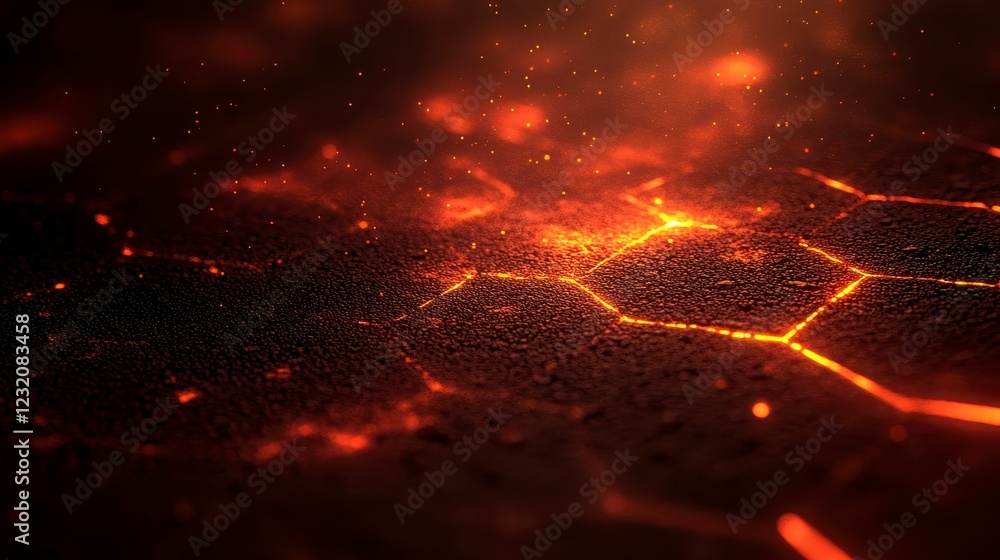 Aufkleber abstract image of glowing hexagonal patterns on a dark, textured surface, resembling molten lava or 