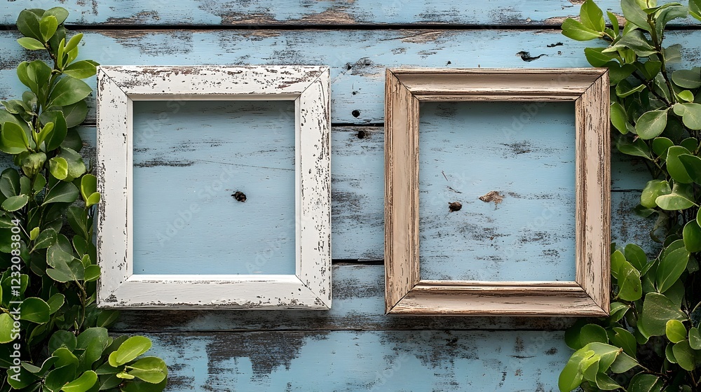 Poster Rustic wooden photo frames with green leaves on a weathered distressed wooden wall background  Minimal simple and clean design concept with empty copy space for text or message