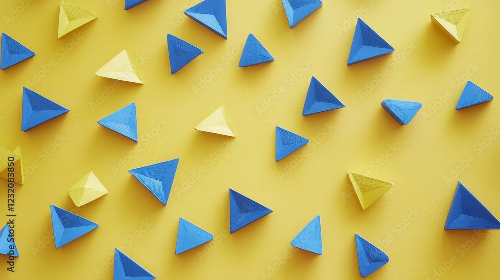 Poster abstract background with blue and yellow triangles. geometric shapes are arranged on a yellow surfac