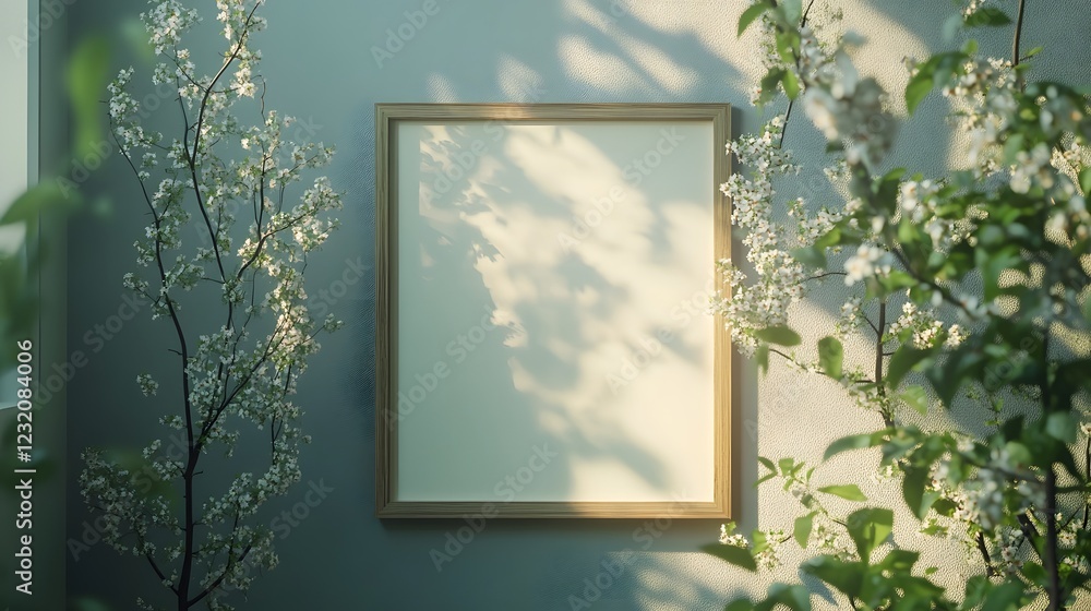 Poster serene nature frame with blooming branches and soft shadows casting a tranquil peaceful atmosphere t