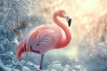 ethereal flamingo standing gracefully in crystalline winter landscape, soft pink plumage contrasting with frost-covered branches and falling snow, dreamy pastel atmosphere