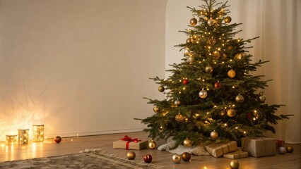 Evergreen Christmas tree with ornaments scattered on the floor, surrounded by a warm golden glow, evergreen, sparkling lights, cozy atmosphere, gold light