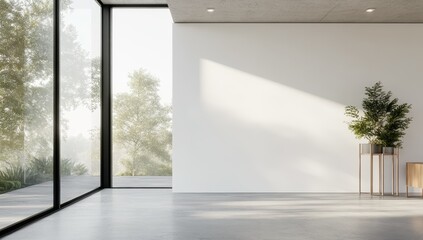 Obraz premium Minimalist modern room with large window, plant, and empty wall.