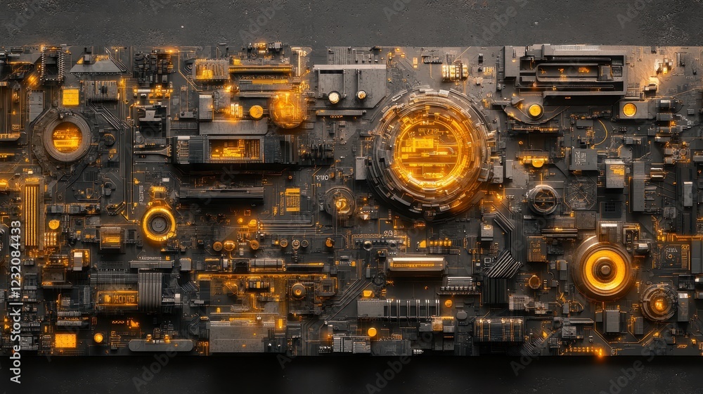 Poster abstract 3d rendering of a complex circuit board with glowing orange and yellow elements against a d