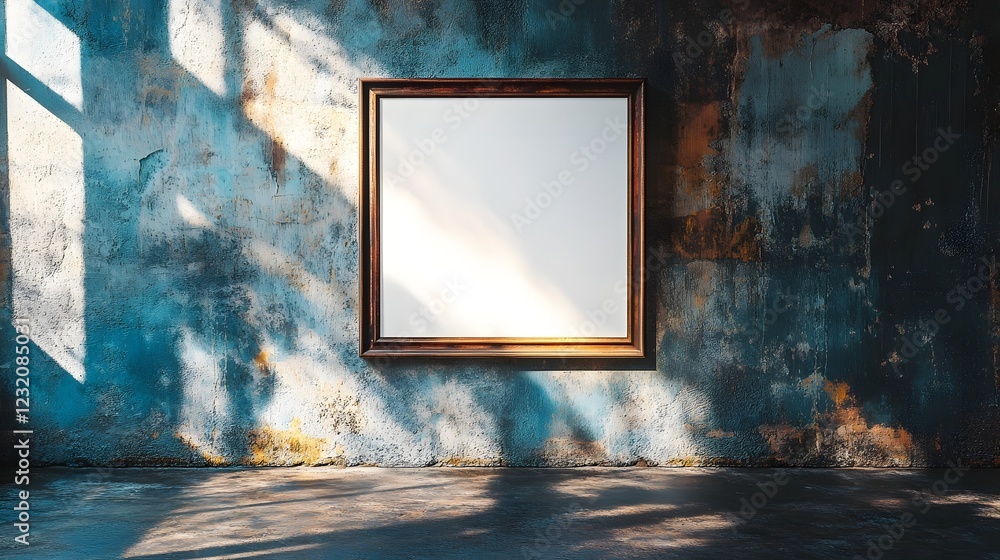Poster sunlit rays streaming through the deteriorating window of an abandoned grunge filled interior room w