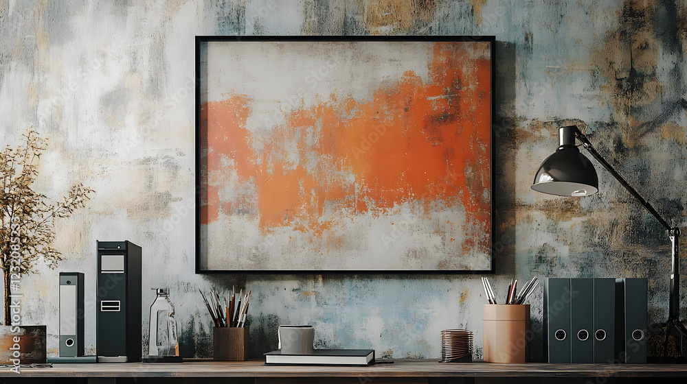 Poster vibrant abstract painting in a sleek black frame hanging on a weathered textured wall with industria