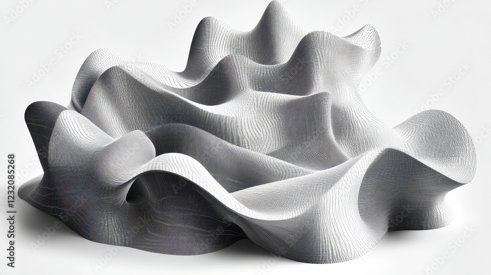 Poster abstract grayscale 3d rendering of a textured organic form resembling a seashell or a blob, with int
