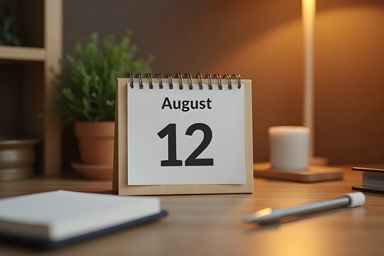 A calendar page flipping to August 12, set in a cozy desk scene.