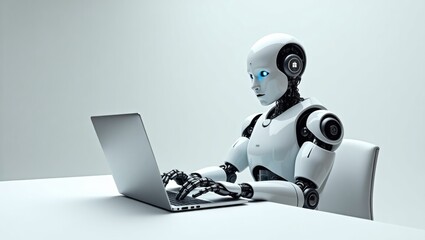 Naklejka premium Futuristic humanoid robot interacting with laptop