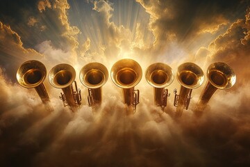 Seven trumpets descending from the sky, radiating divine light and power, symbolizing biblical prophecy and spiritual revelation.

