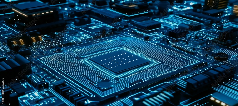 Poster Futuristic Circuit Board with Glowing Processor, Modern Technology and Computing Power Concept.