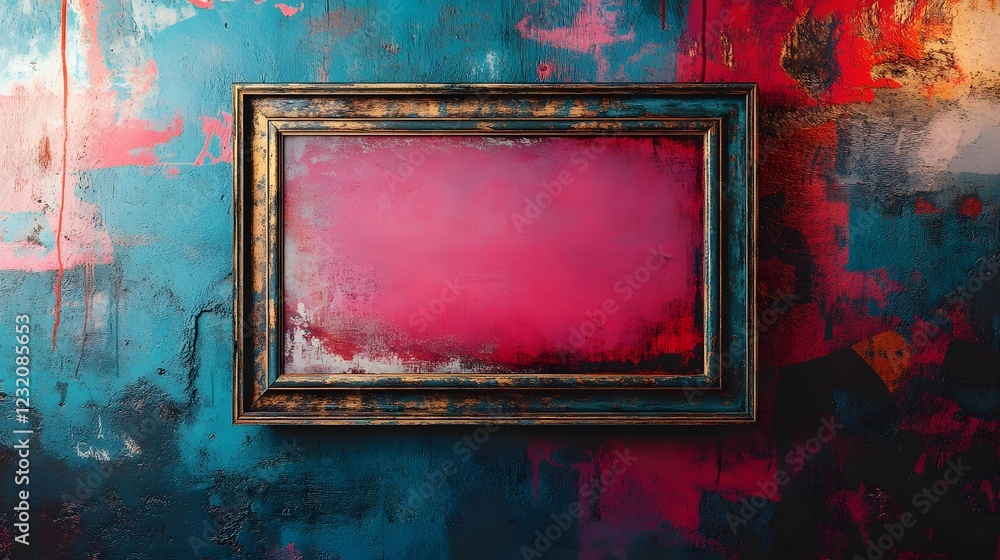 Poster Vibrant and colorful abstract painting with distressed grungy texture and ornate vintage frame  and modern wall decor with bold expressive and captivating visual appeal