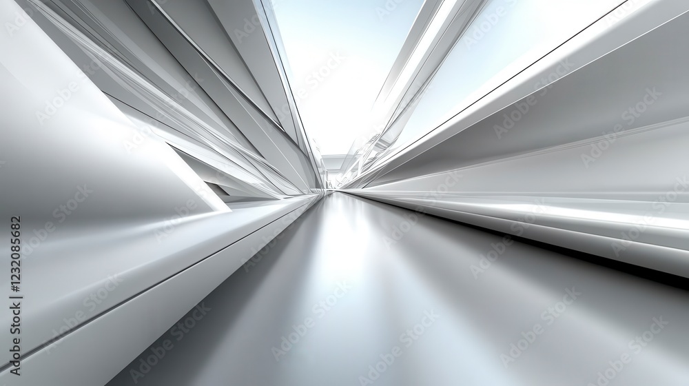 Poster abstract grayscale image of a futuristic corridor with converging lines and reflective surfaces. the
