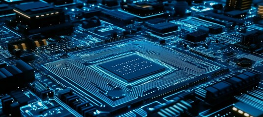 Futuristic Circuit Board with Glowing Processor, Modern Technology and Computing Power Concept.