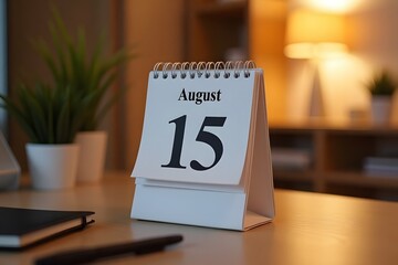 A calendar page flipping to August 15, set in a cozy desk scene.