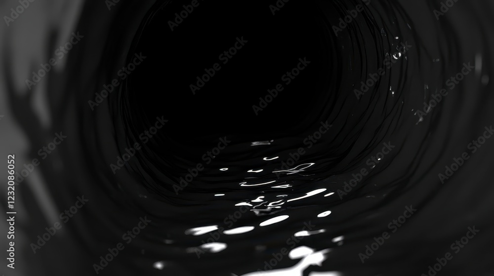 Poster Abstract grayscale image depicting a dark, cylindrical tunnel with subtle reflections and textures on its inner surface, creating a sense of depth